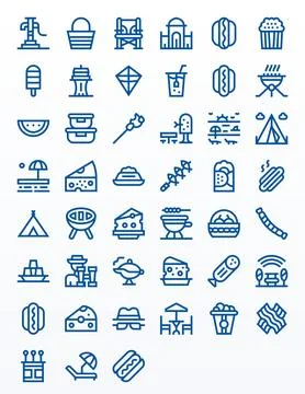 Picnic Design Vector Icons featuring 45 Grid Fitted Bold Line Style Stock Illustration
