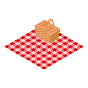 Picnic equipment icon isometric vector. Plaid blanket and wicker picnic basket Illustration