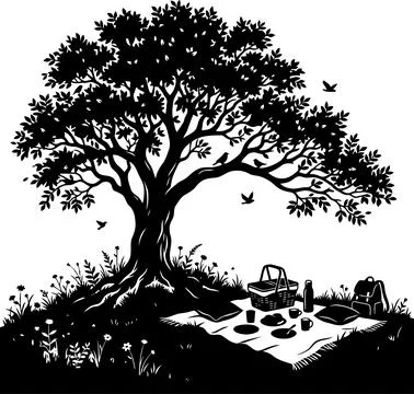Picnic Event Under a Large Tree in a Park Setting Black and White Illustratio イラスト素材