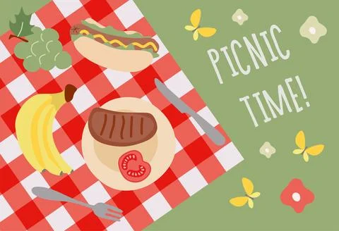 Picnic Flat lay. Vector Cartoon illustration of Bbq party Poster with grilled Stock Illustration