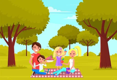 Picnic in forest or park in spring. Happy family with fresh fruits and ice cream Ilustración de archivo
