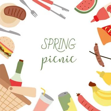 Picnic frame with copy space. Grill, basket, food, Burger, Fruits and gadgets Stock Illustration