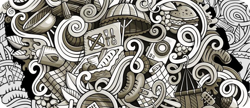 Picnic hand drawn doodle banner. Cartoon detailed flyer. Ilustración de archivo