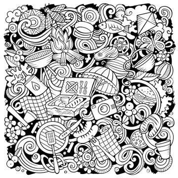 Picnic hand drawn vector doodles illustration. BBQ poster design. Stock Illustration
