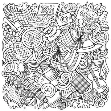 Picnic hand drawn vector doodles illustration. BBQ poster design. Stock Illustration