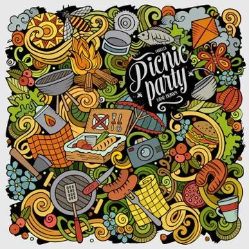 Picnic hand drawn vector doodles illustration. BBQ poster design. Stock Illustration