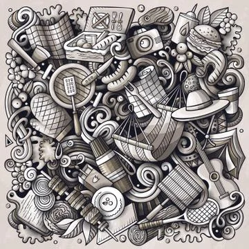 Picnic hand drawn vector doodles illustration. BBQ poster design. Stock Illustration