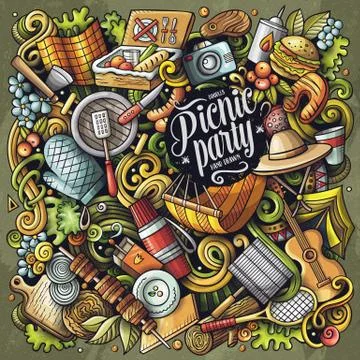 Picnic hand drawn vector doodles illustration. BBQ poster design. Stock Illustration