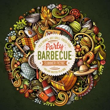 Picnic hand drawn vector doodles illustration. BBQ poster design. Stock Illustration