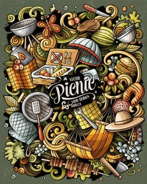 Picnic hand drawn vector doodles illustration. BBQ poster design. Stock Illustration