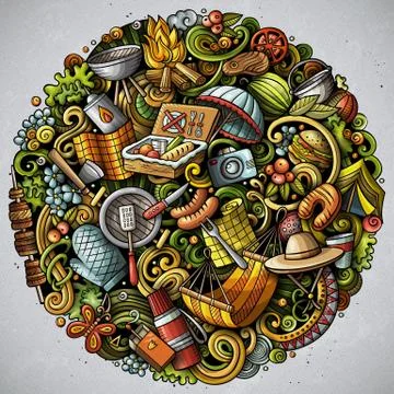 Picnic hand drawn vector doodles illustration. BBQ poster design. Stock Illustration