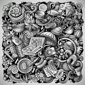Picnic hand drawn vector doodles illustration. BBQ poster design. Stock Illustration