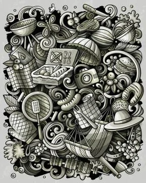 Picnic hand drawn vector doodles illustration. BBQ poster design. Stock Illustration