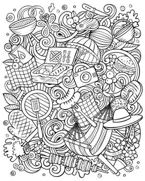 Picnic hand drawn vector doodles illustration. BBQ poster design. Stock Illustration