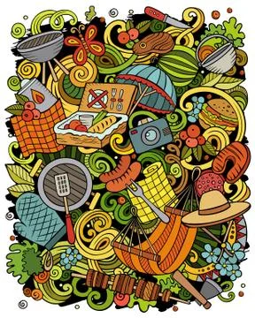 Picnic hand drawn vector doodles illustration. BBQ poster design. Stock Illustration