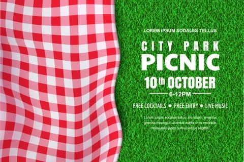 Picnic horizontal background. Vector poster or banner template with realistic Illustrazione stock