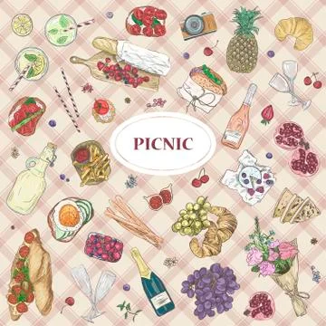 Picnic icon set vector illustration Hand drawn sketchy romantic elements Summer Illustrazione stock