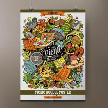Picnic illustration. BBQ objects and elements cartoon doodle background 스톡 일러스트