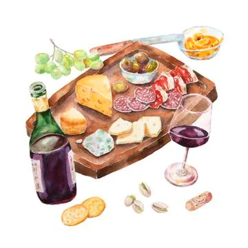 Picnic illustration with wine and snacks Stock Illustration