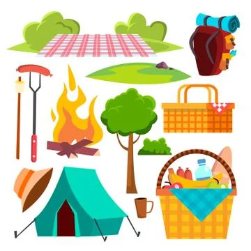 Picnic Items Vector. Tent, Campfire, Sausages, Basket. Hike, Summer Vacation Stock Illustration