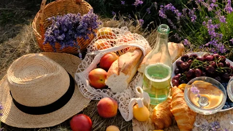 Picnic in a lavender field. selective focus. Stock Footage 270061550