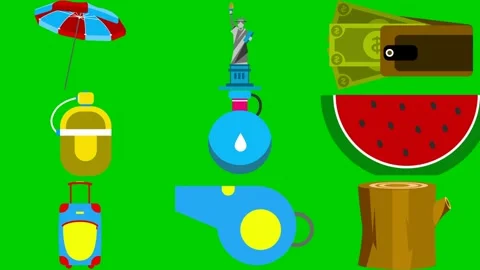 Picnic objects on green screen featuring umbrella hookah wallet canteen Stock Footage 334704237
