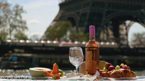 Picnic in Paris with wine. Selective focus. Stock Footage 189406027