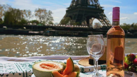 Picnic in Paris with wine. Selective focus. Stock Footage 194533608