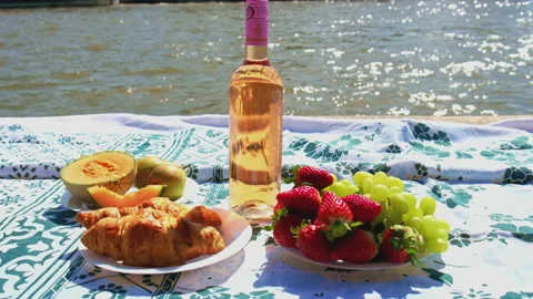 Picnic in Paris with wine. Selective focus. Stock Footage 195107929