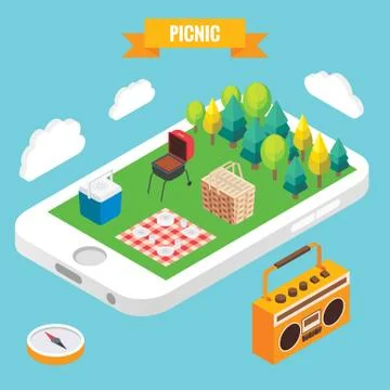 Picnic in a park isometric objects on mobile phone screen. Vector illustration Ilustración de archivo