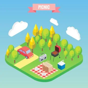 Picnic in a park isometric objects. Vector illustration in flat 3d style Ilustração Stock
