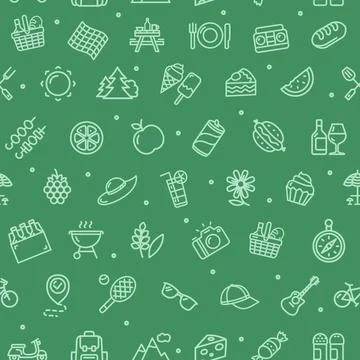 Picnic Party Concept Thin Line Sign Seamless Pattern Background. Vector Stock Illustration