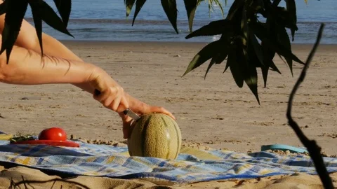 Picnic on a river beach - cutting melon - 4k Stock Footage 82292761