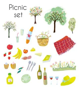 Picnic set for summer time - cute objects. Vector graphic Stock Illustration