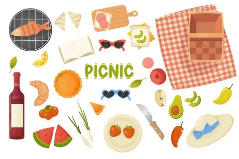 Picnic set, vector elements in cute cartoon style. Food, tablecloth, basket.. イラスト素材