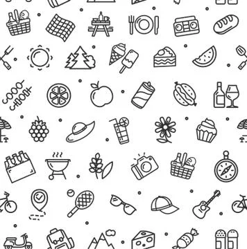 Picnic Signs Seamless Pattern Background on a White. Vector 스톡 일러스트