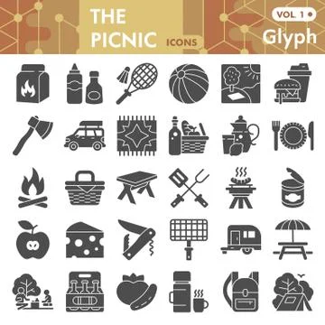 Picnic solid icon set, barbecue symbols collection or sketches. Camping and Stock Illustration
