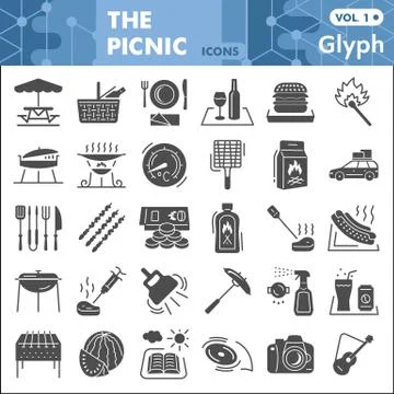 Picnic solid icon set, Summer leisure symbols collection or sketches. Camping Stock Illustration