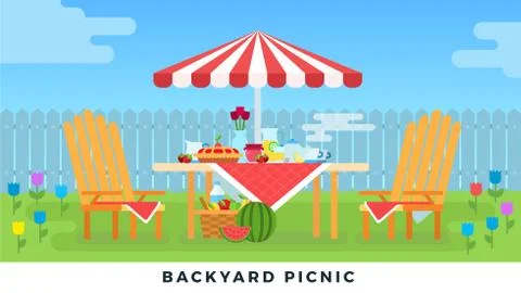 Picnic in summer on backyard. Vector flat illustrations. Outdoor picnic under an Illustrazione stock
