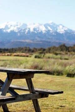 Picnic Table and Bench Mountain view in the Tongariro national park New Zealand Stock Photos