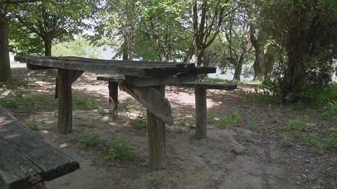 Picnic table and benches made from wood near lakeshore of Moharac in Serbia Stock Footage 269540907