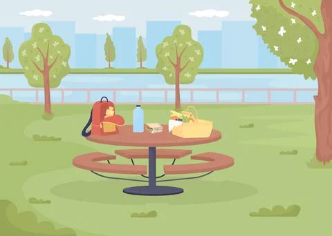 Picnic table with basket and backpack flat color vector illustration Stock Illustration