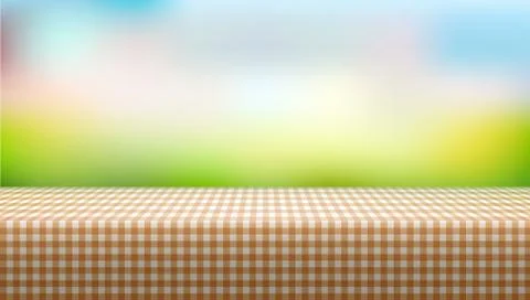 Picnic Table Covered With Tablecloth On Blurred Background Illustrazione stock