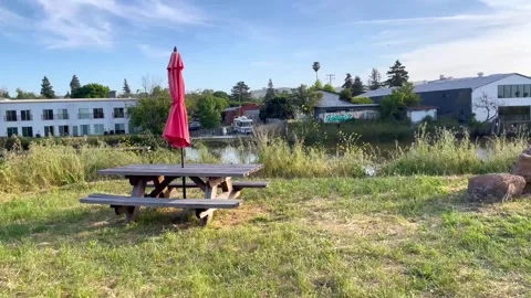 Picnic Table in front of a lake Stock Footage 246460989