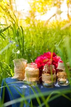 Picnic table on the grass background. The table is decorated with jars in a r Stock Photos