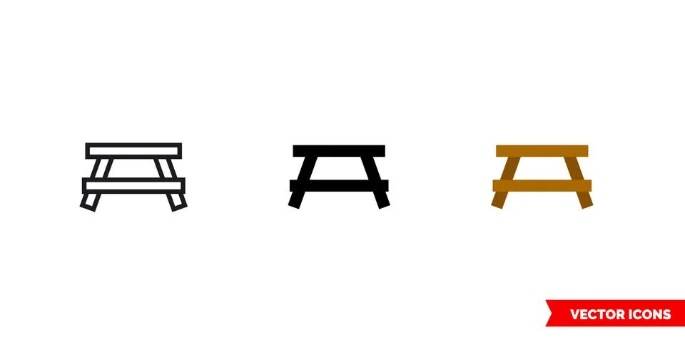 Picnic table icon of 3 types color, black and white, outline. Isolated vector Stock Illustration