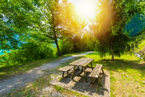 Picnic table next to a path in a forest, summer setting, sunflare effect. Stock Photos
