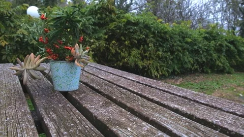 A picnic table in a public garden plot is covered with ice in winter. Vídeos de archivo 299741226