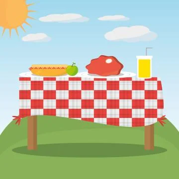 Picnic table red checkered food landscape Stock Illustration