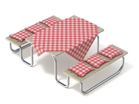 Picnic table with red table cover and pillows. 3D イラスト素材